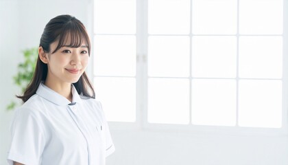 白い室内背景で微笑む若い日本人女性医療スタッフの看護師の写真	余白あり