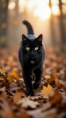Fototapeta premium Magical black cat silhouette walking through autumn leaves at sunset. Concept of peaceful Halloween atmosphere with warm golden lighting, serene vibe, enchanting scenery.
