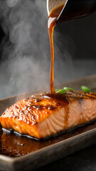 Thick teriyaki sauce being poured over grilled salmon fillet, steam rising, sauce pooling along the edges