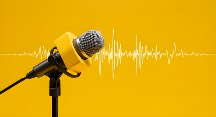 Podcast banner with microphone and sound waveform on vibrant yellow background, perfect for broadcasting, music, and audio streaming themes.