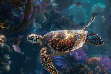 Obraz premium Colorful sea turtle gracefully navigates a thriving coral reef, surrounded by diverse marine life