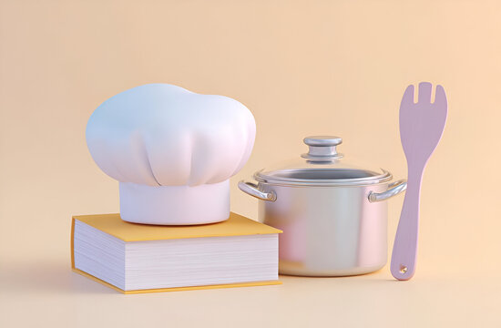 A chef's hat, pot, and spatula on a book, symbolizing culinary creativity and knowledge in a minimalist style.