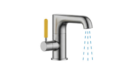 Isolated metal bathroom faucet with water streaming out, yellow handle, modern fixture