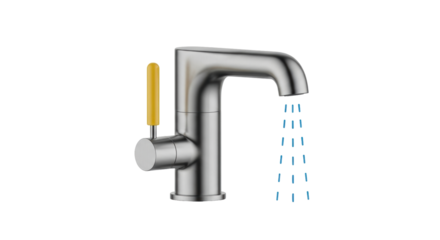 Isolated metal bathroom faucet with water streaming out, yellow handle, modern fixture