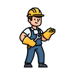Cartoon illustration of a construction worker holding a wrench, wearing a hard hat and gloves.