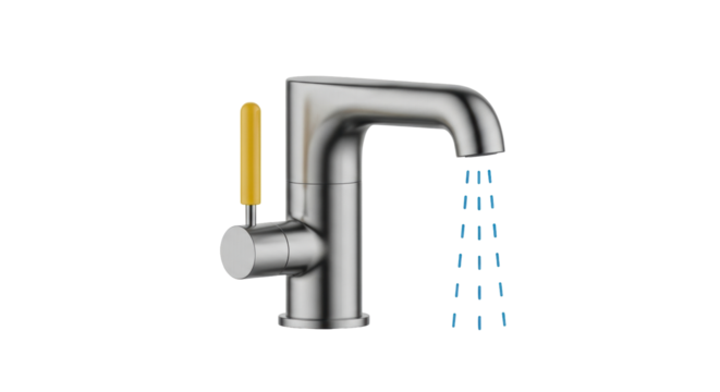 Isolated metal bathroom faucet with water streaming out, yellow handle, modern fixture