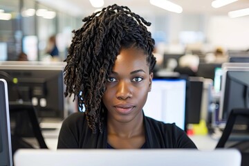 Focused African American woman sits at office desk with computers. Serious expression reflects professionalism in daytime setting.
