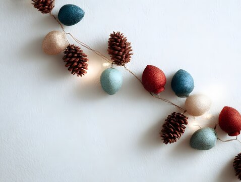 Christmas decorations with festive ornaments on blue and white backgrounds