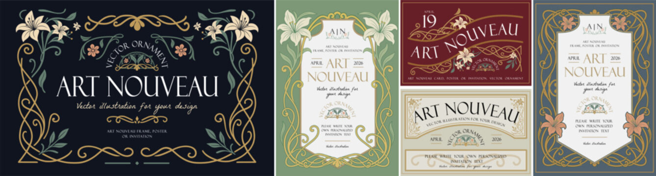 Naklejki Elegant Art Nouveau vector set with ornate floral frame, vintage typography, flowers, ornament, plant and decorative design elements for wedding invitation, poster, card, border or classic branding