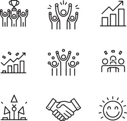 Fototapeta premium Corporate Success Vector Icons Team Celebration, Award, Hands Raised, Charts, Confetti, and Office Party Symbols