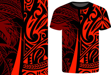 Red and Black Tribal T-Shirt Design with Polynesian Motifs, Red Tribal Shirt template with Polynesian Tattoo Motif, Polynesian, Samoan, Island, ethnic traditional cultural dress design vector template