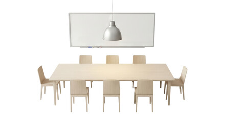 Isolated Meeting Room setup with Table, Chairs, Whiteboard, and Lamp, ready for discussion