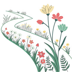 Vector art of a whimsical path meanders through a field of wildflowers, , creating a serene and enchanting scene, with vibrant blooms and lush greenery