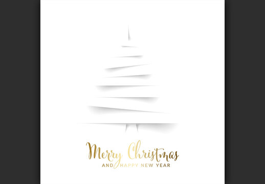 Minimalist White Christmas Tree with Gold Merry Christmas Greeting Card