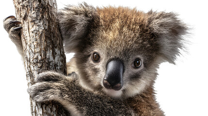 Koala hugging a tree on isolated transparent background