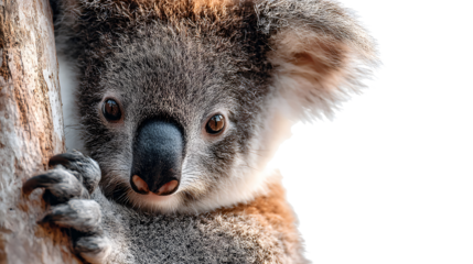 Koala hugging a tree on isolated transparent background