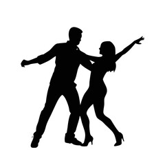 Vector art of silhouette of a couple dancing, the man is wearing a longsleeved shirt and pants, the woman is wearing a short dress and high heels