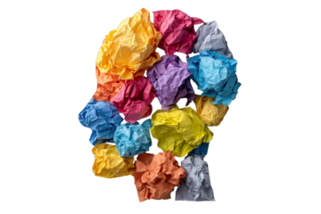 Brainstorm of Thoughts: A vivid, conceptual representation of a human head formed from colorful, crumpled papers, symbolizing ideas, creativity, and the mind's capacity for both chaos and innovation.