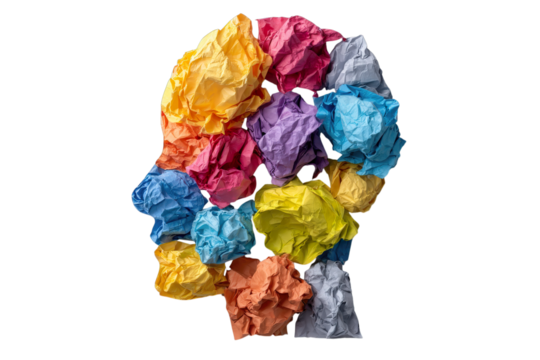 Brainstorm of Thoughts: A vivid, conceptual representation of a human head formed from colorful, crumpled papers, symbolizing ideas, creativity, and the mind's capacity for both chaos and innovation.