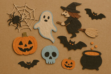 Collection of Halloween-themed paper cutout illustrations on a brown textured background. Potion, ghost, orange pumpkin, coffin, bat, spider. Autumnal and holiday atmosphere. Generative AI