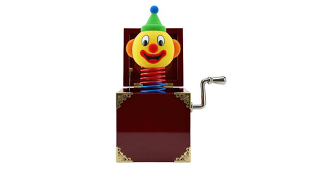 Isolated Jack in the Box Toy featuring a Plush Clown with a Crank Handle, Gift Box