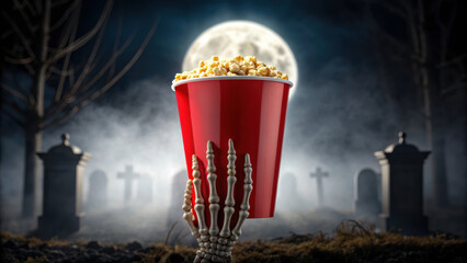 Skeleton hand holding red popcorn bucket in spooky graveyard under full moon creates chilling Halloween scene