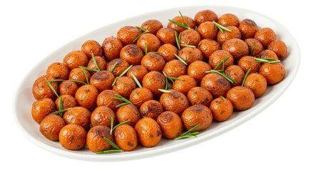 Isolated plate of roasted baby potatoes with rosemary sprigs, gourmet and rustic food