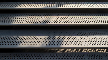 Perforated metal steps with light and shadow patterns. Abstract view of textured architectural detail.