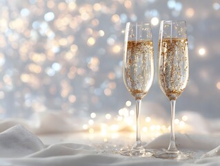 76. Transparent champagne flutes with sparkling lights on white background
