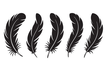Obraz premium Set of five black feather silhouettes isolated on white background minimalist style 