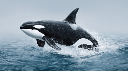 Majestic Orca Breaching in Calm Ocean Waters with Soft Gray Background