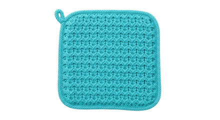 Isolated crocheted turquoise pot holder, handmade in square shape with hanging loop on top
