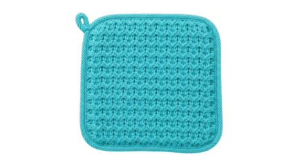 Isolated crocheted turquoise pot holder, handmade in square shape with hanging loop on top