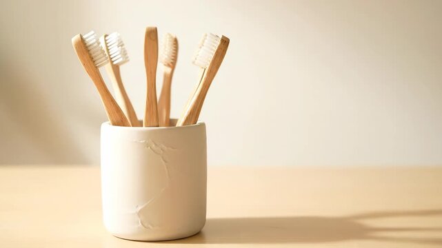 Bamboo Toothbrushes in Ceramic Holder - This video shows a group of bamboo toothbrushes standing in a textured, ceramic holder.