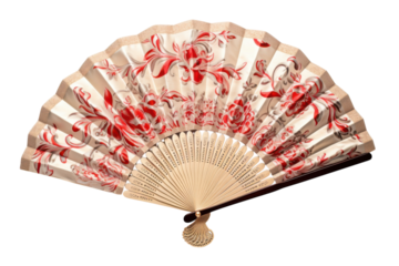 Elegant hand fan with red floral design on black backdrop