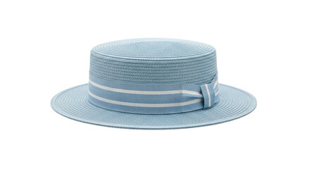 Isolated boater hat with ribbon, light blue classic summer fashion straw skimmer headwear