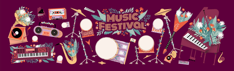 Music festival. Vector retro illustrations of musical instruments: record player, vinyl player, gramophone, tape recorder, saxophone, synthesizer, piano, electric guitar, drums, cassette, boombox.