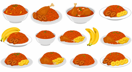 A tiled pattern of various servings of Jollof rice with plantain and chicken