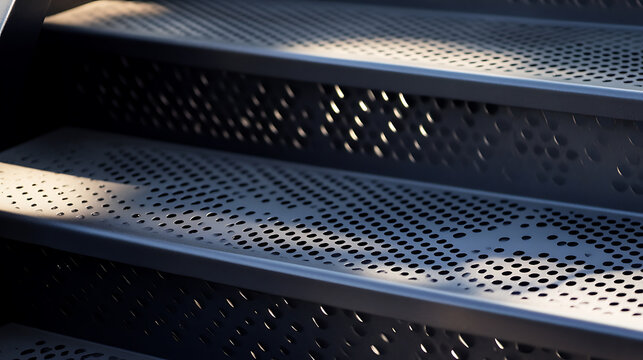 Metal steps with perforated surface. Shadows dance on the textured risers creating an abstract pattern. Modern architecture detail.