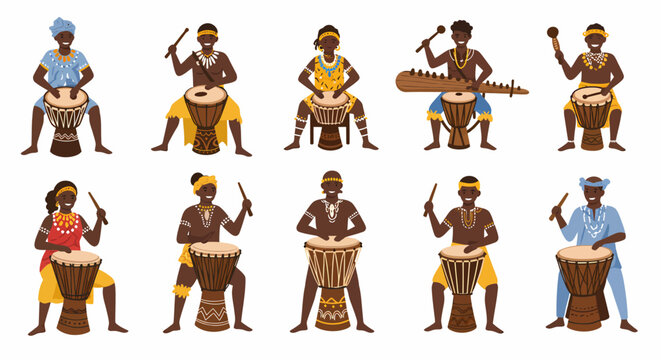 African musicians playing various traditional drums and a stringed instrument