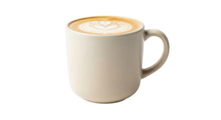 Isolated latte art in a mug, creamy coffee drink with heart foam design for a cafe menu item