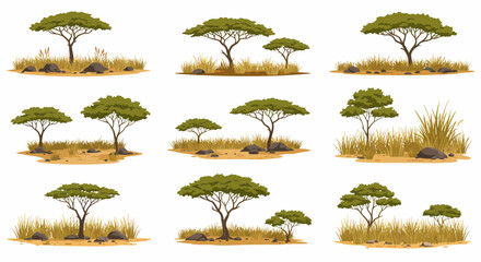 African savanna vignettes featuring acacia trees dry grass and scattered rocks