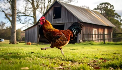 Rooster in front of a barn