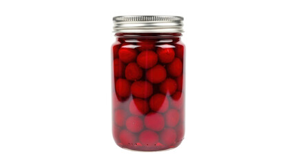 Isolated mason jar of maraschino cherries in syrup for dessert garnish or baking concept
