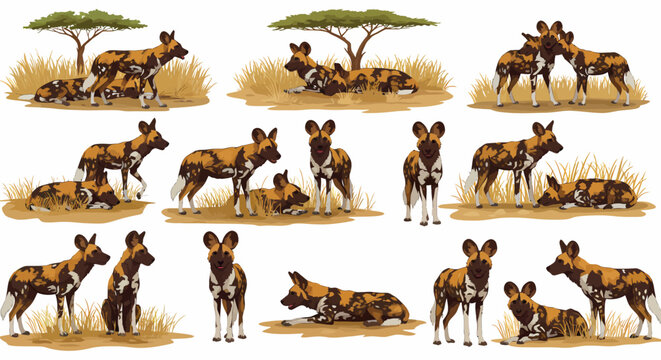 African wild dogs in various poses on dry savanna ground with sparse grass and trees