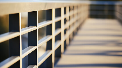 Railing on walkway: Metal safety railing along a blurred walkway. A sunny outdoor scene featuring architectural details and converging lines.