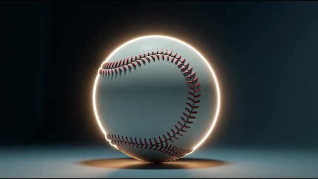 A stylized baseball illuminated with a soft glow, set against a dark background, showcasing its stitching and texture.