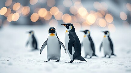 Obraz premium Origami-style penguins in snow, geometric folded paper design with bokeh and soft background