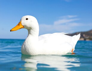 A close-up, serene view of a fluffy, white duck floating peacefully on clear turquoise water with a light-blue, cloudless sky