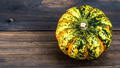 A colorful pumpkin sits atop a dark wood surface. Its skin showcases vibrant green and orange mottled patterns, contrasting beautifully with the backdrop